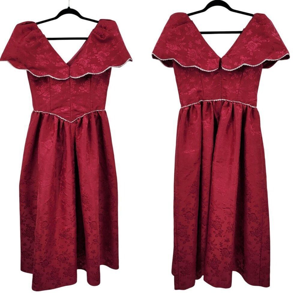 Vtg‎ 80s Handmade Red Floral Jacquard Dress Sz M Fit & Flare Victorian Revival